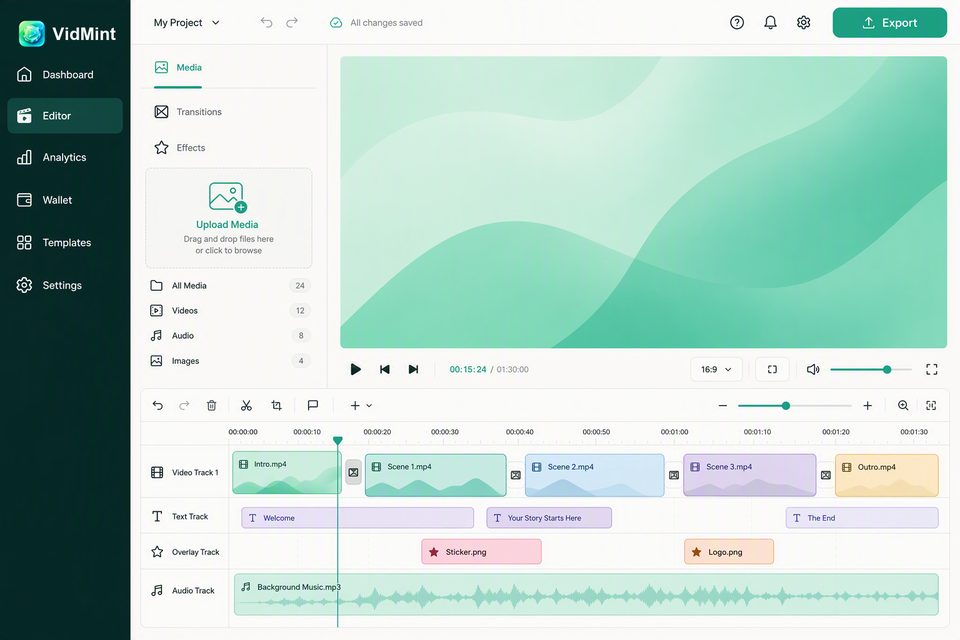 桌面上的 VidMint 网页编辑器——浏览器里的短视频时间线剪辑