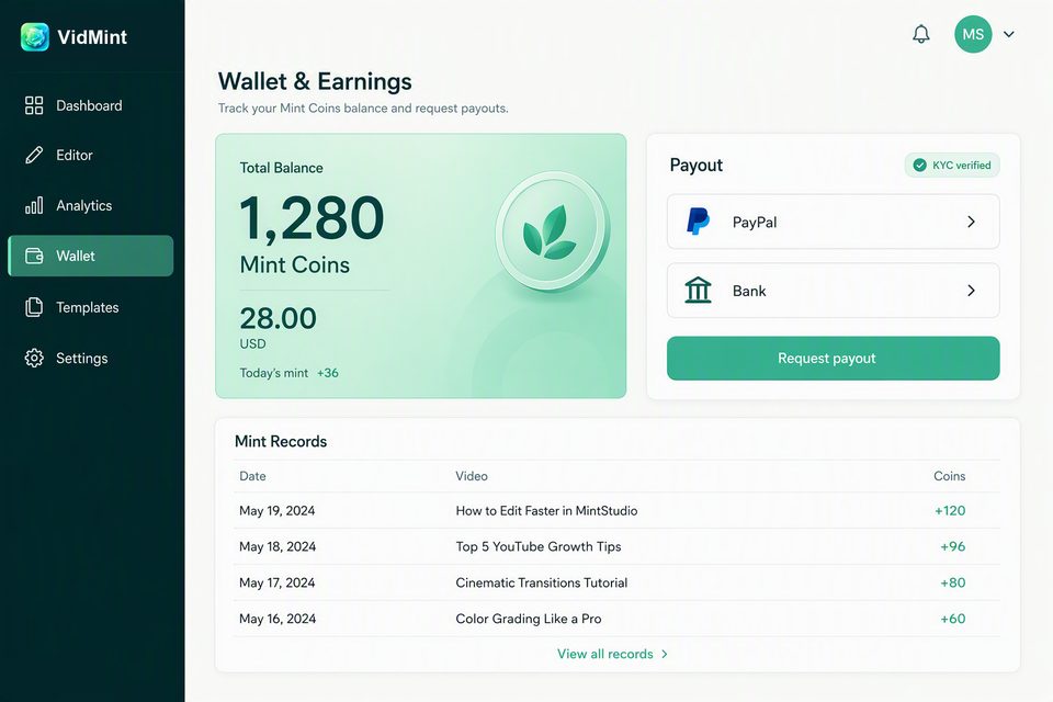 VidMint 网页钱包:在桌面端提现 Mint Rewards